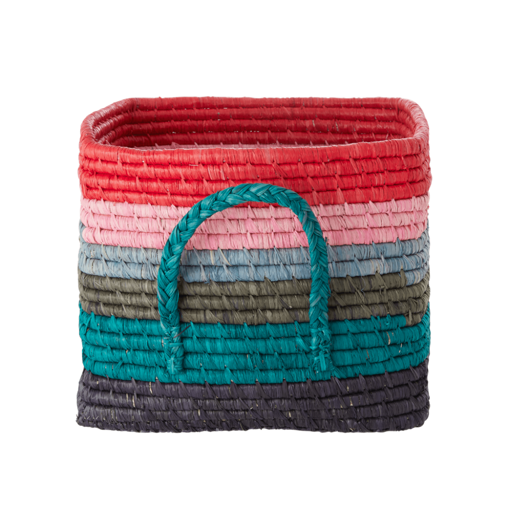 Coloured Stripe Square Raffia Basket With Handles Rice DK